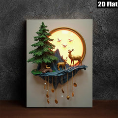 2D flat 1pc Golden Deer Forest Wall Art Nature Landscape Painting Canvas Prints for Living Room Bedroom Home Decor Farmhouse Style Wall Decor
