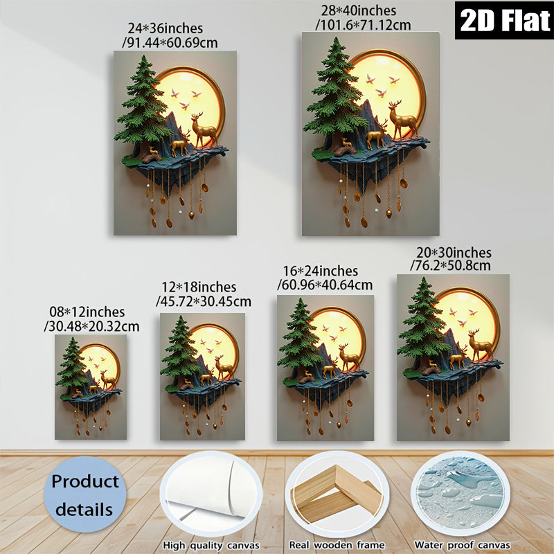 2D flat 1pc Golden Deer Forest Wall Art Nature Landscape Painting Canvas Prints for Living Room Bedroom Home Decor Farmhouse Style Wall Decor