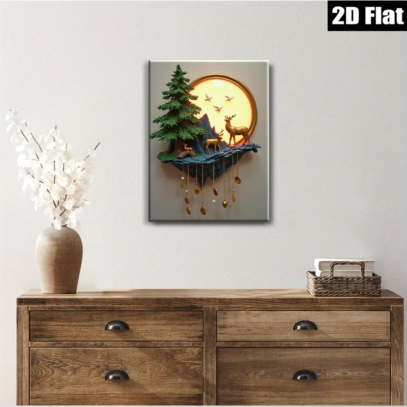 2D flat 1pc Golden Deer Forest Wall Art Nature Landscape Painting Canvas Prints for Living Room Bedroom Home Decor Farmhouse Style Wall Decor