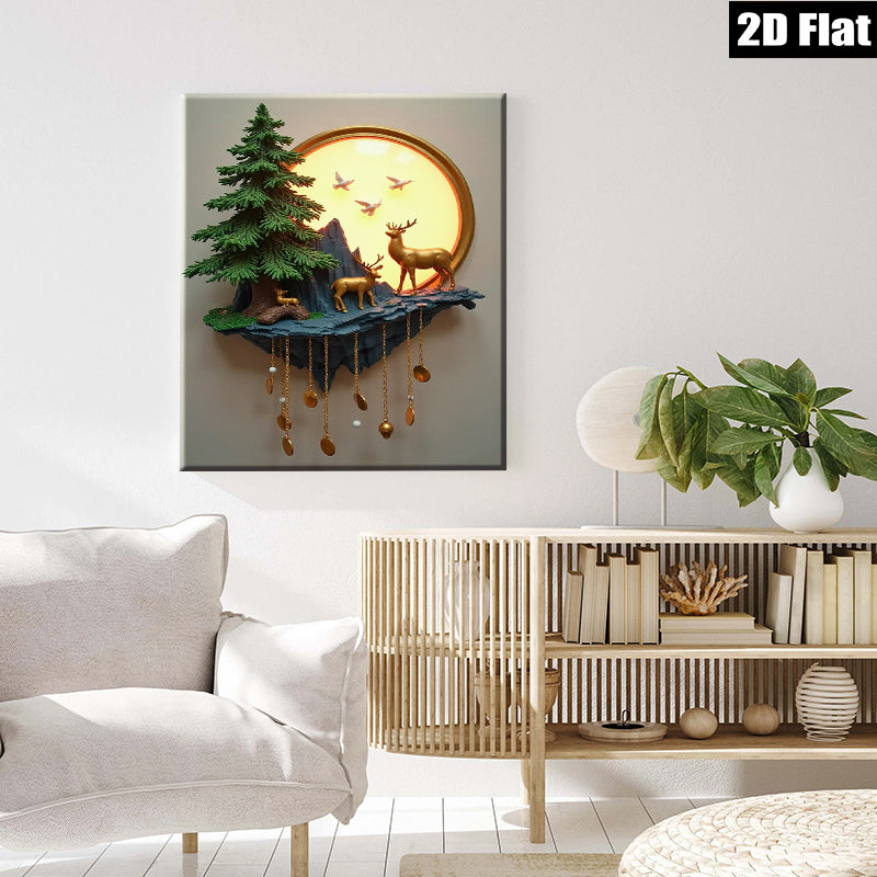 2D flat 1pc Golden Deer Forest Wall Art Nature Landscape Painting Canvas Prints for Living Room Bedroom Home Decor Farmhouse Style Wall Decor