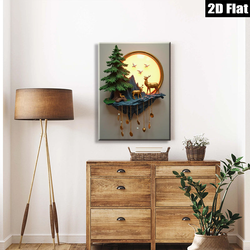 2D flat 1pc Golden Deer Forest Wall Art Nature Landscape Painting Canvas Prints for Living Room Bedroom Home Decor Farmhouse Style Wall Decor
