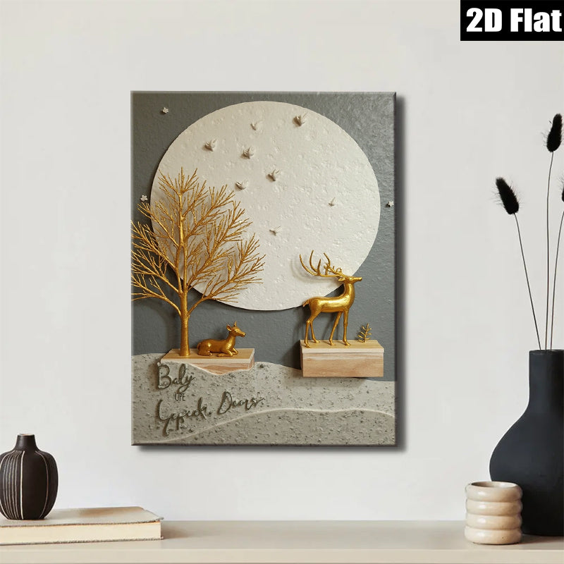 2D flat 1pc Golden Deer Silhouette Wall Art Canvas Painting Farmhouse Decor Living Room Bedroom Gallery Wrapped Modern Aesthetic Home Décor Gift Idea