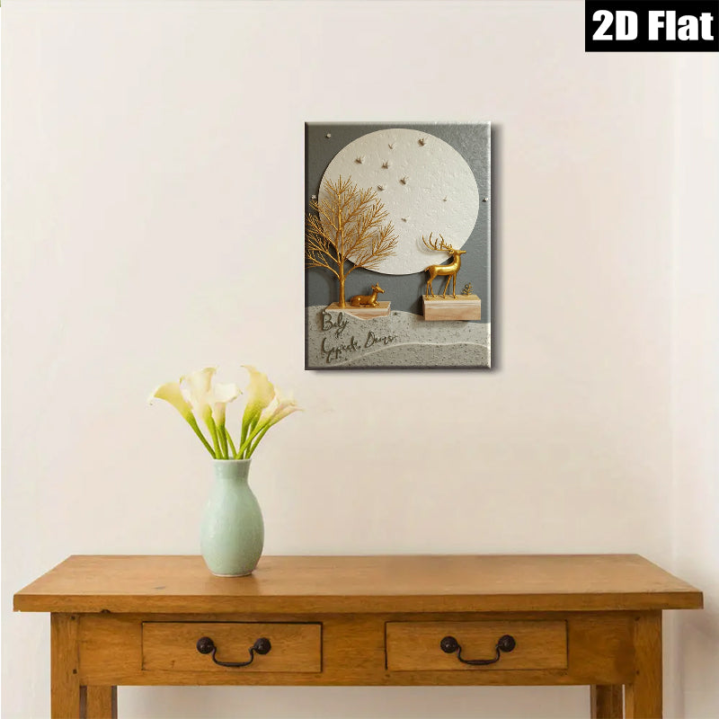 2D flat 1pc Golden Deer Silhouette Wall Art Canvas Painting Farmhouse Decor Living Room Bedroom Gallery Wrapped Modern Aesthetic Home Décor Gift Idea