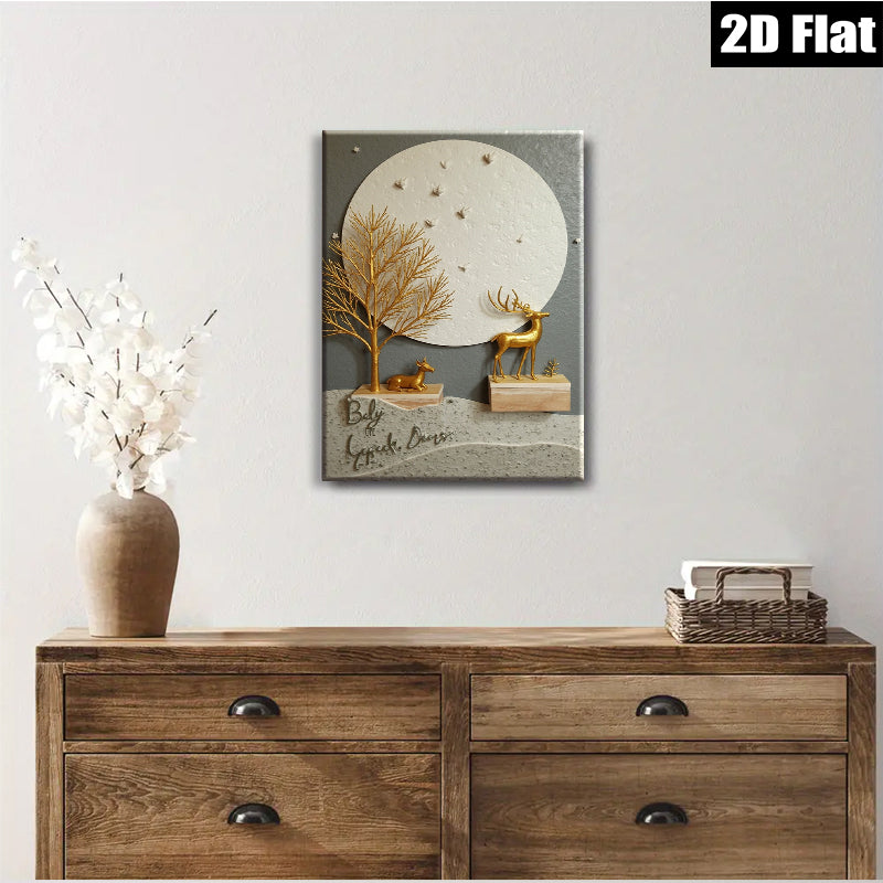 2D flat 1pc Golden Deer Silhouette Wall Art Canvas Painting Farmhouse Decor Living Room Bedroom Gallery Wrapped Modern Aesthetic Home Décor Gift Idea