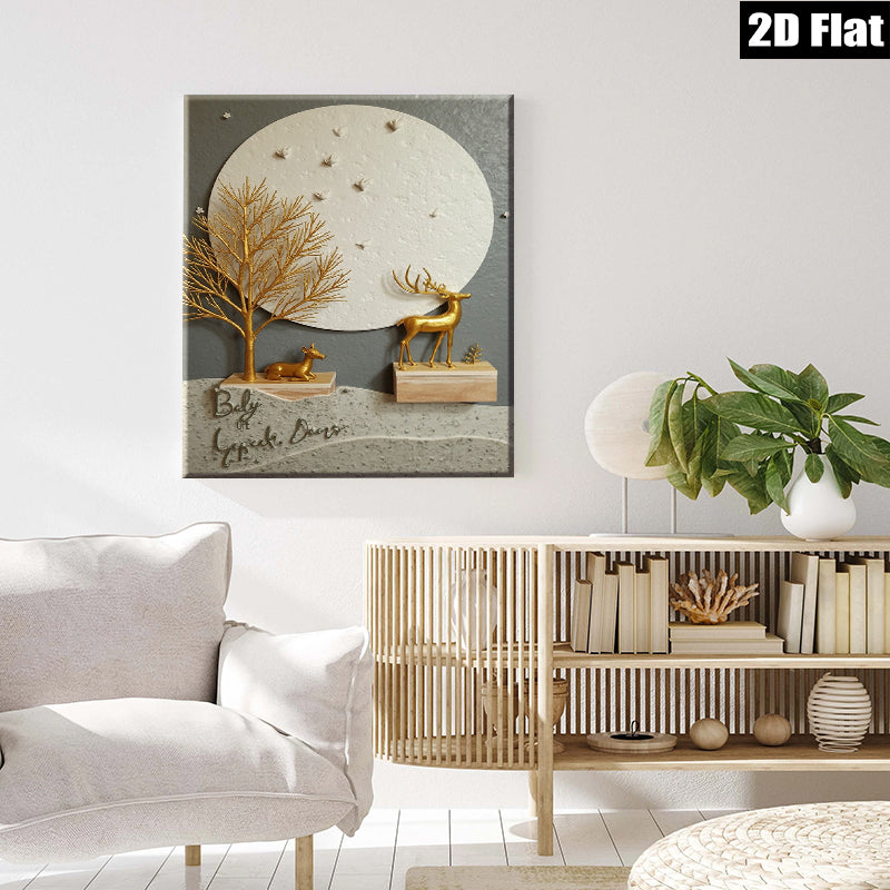 2D flat 1pc Golden Deer Silhouette Wall Art Canvas Painting Farmhouse Decor Living Room Bedroom Gallery Wrapped Modern Aesthetic Home Décor Gift Idea