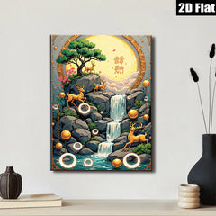 2D flat 1pc Golden Deer Waterfall Canvas Wall Art for Living Room Bedroom Home Decor Nature Landscape Painting Modern Farmhouse Style Gallery Wrapped Ready to Hang