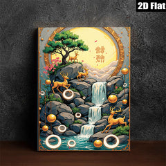2D flat 1pc Golden Deer Waterfall Canvas Wall Art for Living Room Bedroom Home Decor Nature Landscape Painting Modern Farmhouse Style Gallery Wrapped Ready to Hang