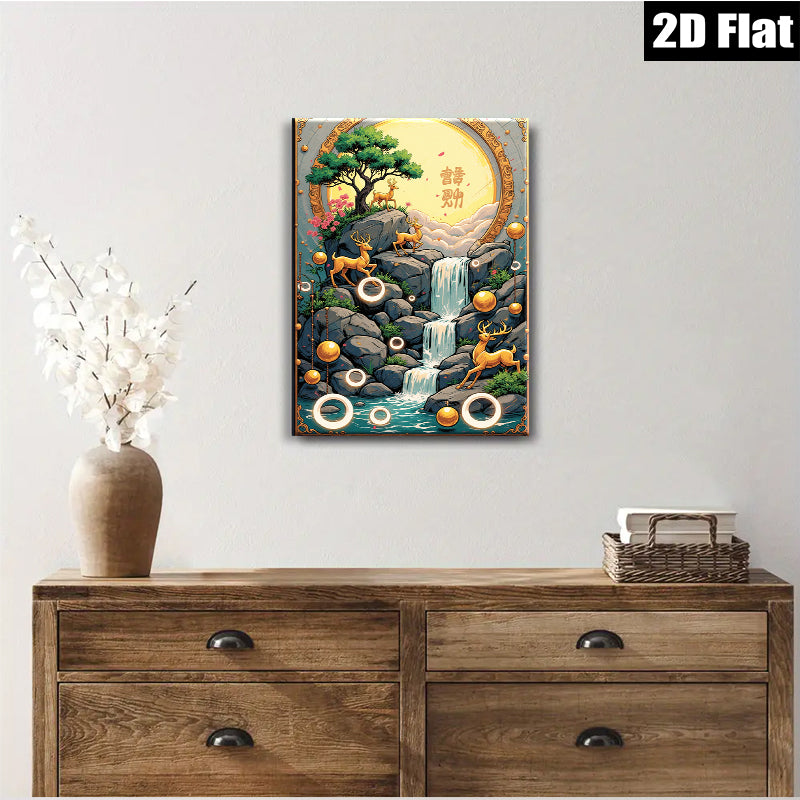 2D flat 1pc Golden Deer Waterfall Canvas Wall Art for Living Room Bedroom Home Decor Nature Landscape Painting Modern Farmhouse Style Gallery Wrapped Ready to Hang