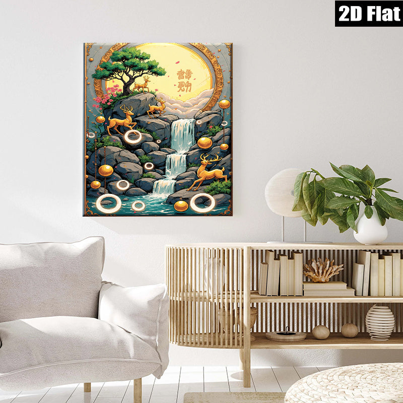 2D flat 1pc Golden Deer Waterfall Canvas Wall Art for Living Room Bedroom Home Decor Nature Landscape Painting Modern Farmhouse Style Gallery Wrapped Ready to Hang