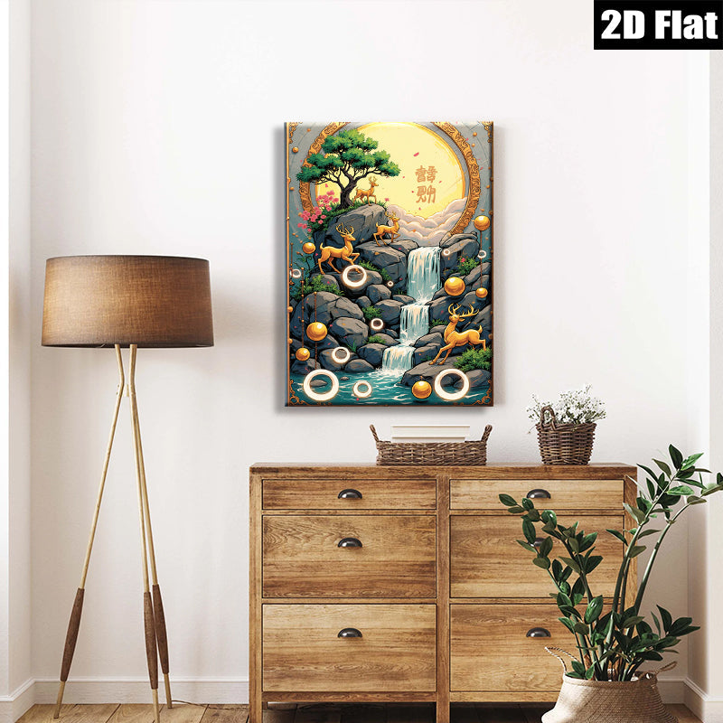 2D flat 1pc Golden Deer Waterfall Canvas Wall Art for Living Room Bedroom Home Decor Nature Landscape Painting Modern Farmhouse Style Gallery Wrapped Ready to Hang