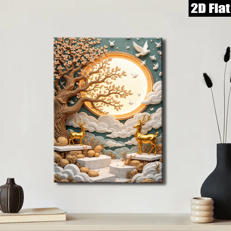 2D flat 1pc Golden Deer beneath Moonlit Tree wall art for living room bedroom home decor farmhouse style modern canvas prints