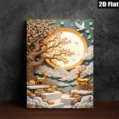 2D flat 1pc Golden Deer beneath Moonlit Tree wall art for living room bedroom home decor farmhouse style modern canvas prints