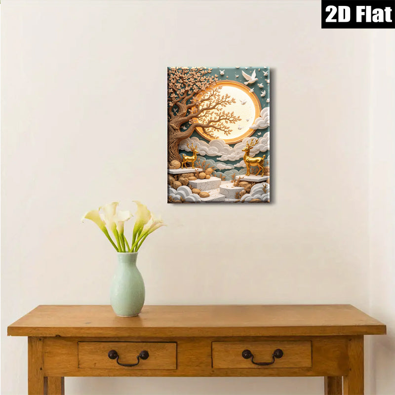2D flat 1pc Golden Deer beneath Moonlit Tree wall art for living room bedroom home decor farmhouse style modern canvas prints