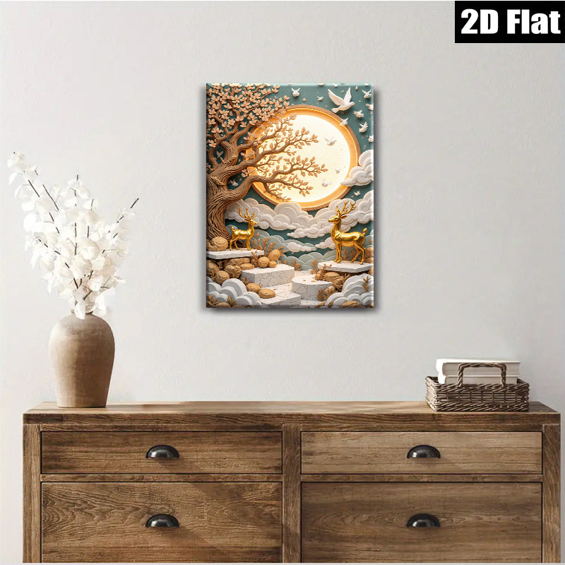 2D flat 1pc Golden Deer beneath Moonlit Tree wall art for living room bedroom home decor farmhouse style modern canvas prints