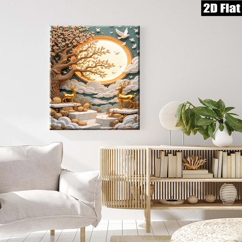2D flat 1pc Golden Deer beneath Moonlit Tree wall art for living room bedroom home decor farmhouse style modern canvas prints