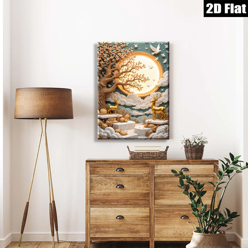 2D flat 1pc Golden Deer beneath Moonlit Tree wall art for living room bedroom home decor farmhouse style modern canvas prints