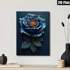 2D flat 1pc Golden Edge Blue Rose Floral Wall Art Canvas Prints for Living Room Bedroom Home Decor Modern Farmhouse Style Gallery Wrapped Ready to Hang