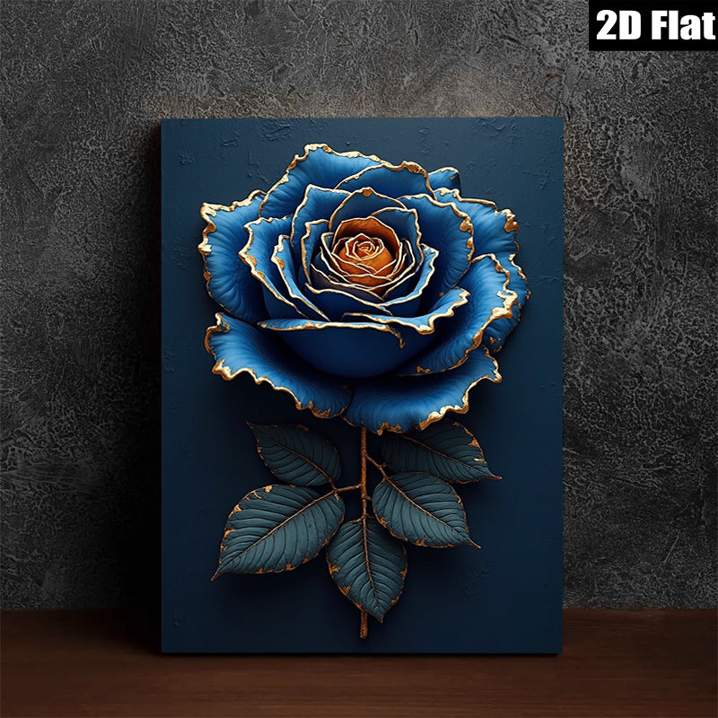 2D flat 1pc Golden Edge Blue Rose Floral Wall Art Canvas Prints for Living Room Bedroom Home Decor Modern Farmhouse Style Gallery Wrapped Ready to Hang