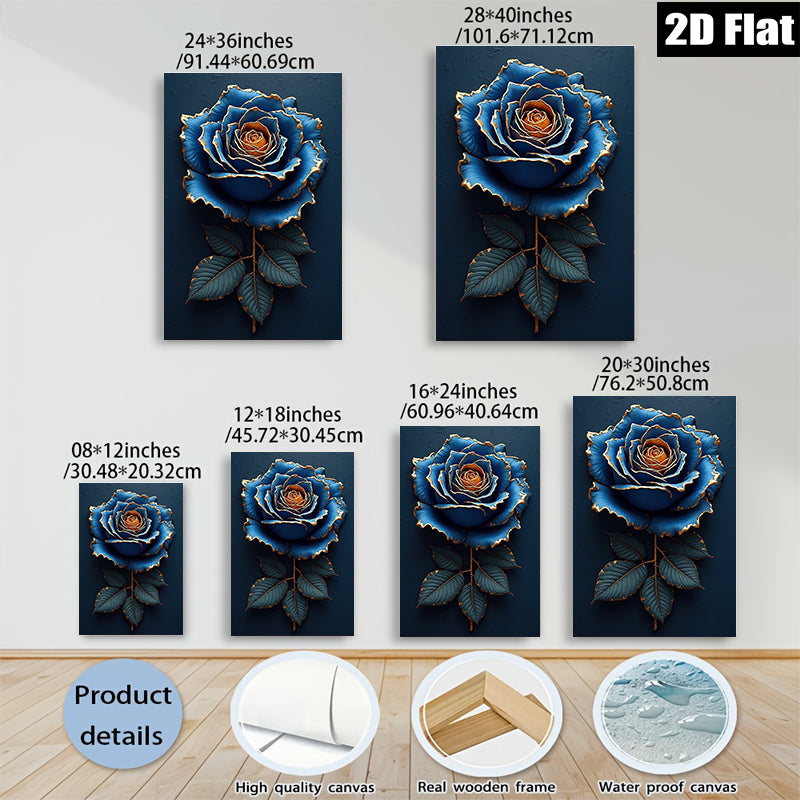 2D flat 1pc Golden Edge Blue Rose Floral Wall Art Canvas Prints for Living Room Bedroom Home Decor Modern Farmhouse Style Gallery Wrapped Ready to Hang