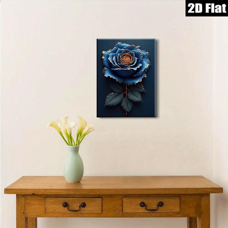 2D flat 1pc Golden Edge Blue Rose Floral Wall Art Canvas Prints for Living Room Bedroom Home Decor Modern Farmhouse Style Gallery Wrapped Ready to Hang