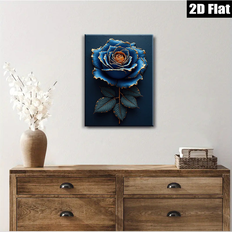 2D flat 1pc Golden Edge Blue Rose Floral Wall Art Canvas Prints for Living Room Bedroom Home Decor Modern Farmhouse Style Gallery Wrapped Ready to Hang