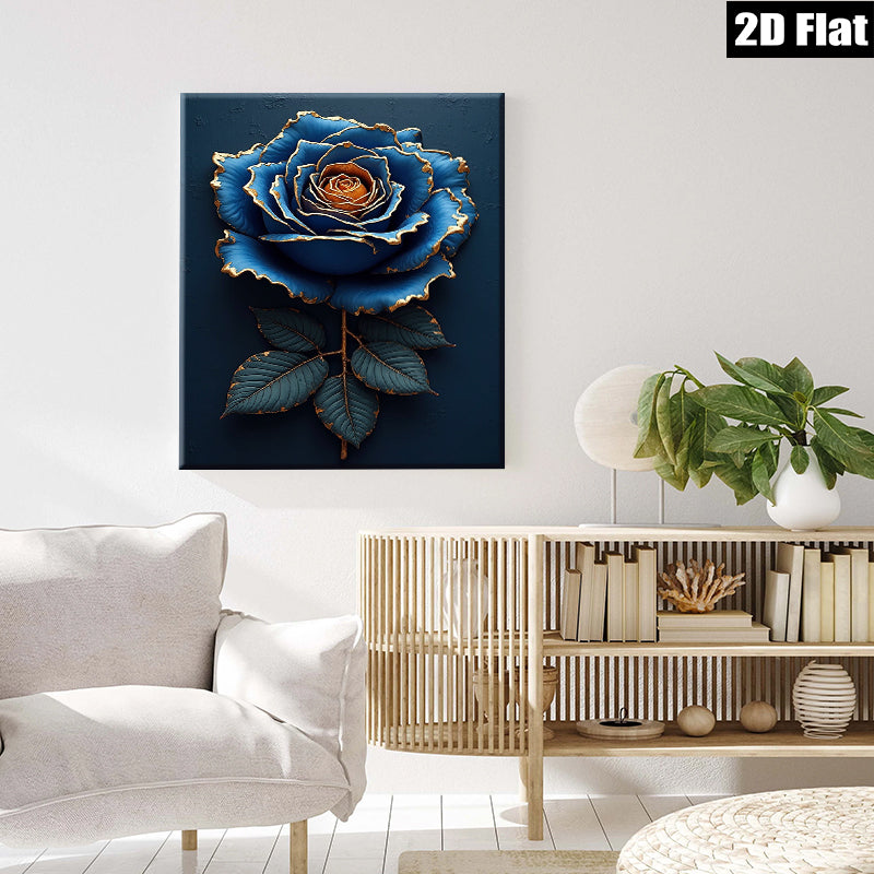 2D flat 1pc Golden Edge Blue Rose Floral Wall Art Canvas Prints for Living Room Bedroom Home Decor Modern Farmhouse Style Gallery Wrapped Ready to Hang