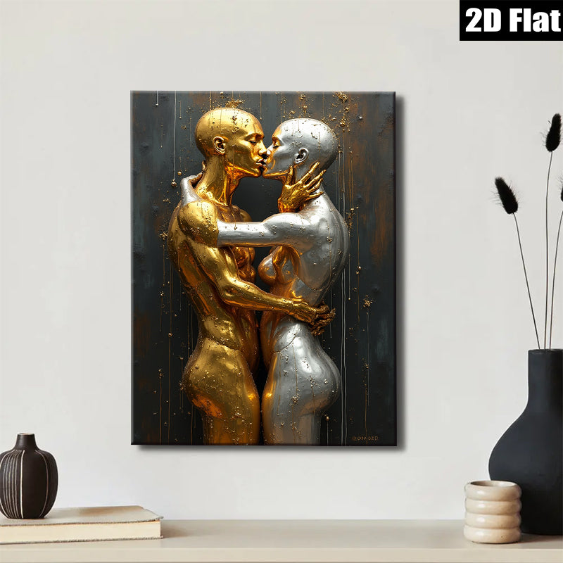 2D flat 1pc Golden Embrace Romantic Couple Wall Art Living Room Bedroom Modern Home Decor Canvas Prints Gallery Wrapped Ready To Hang