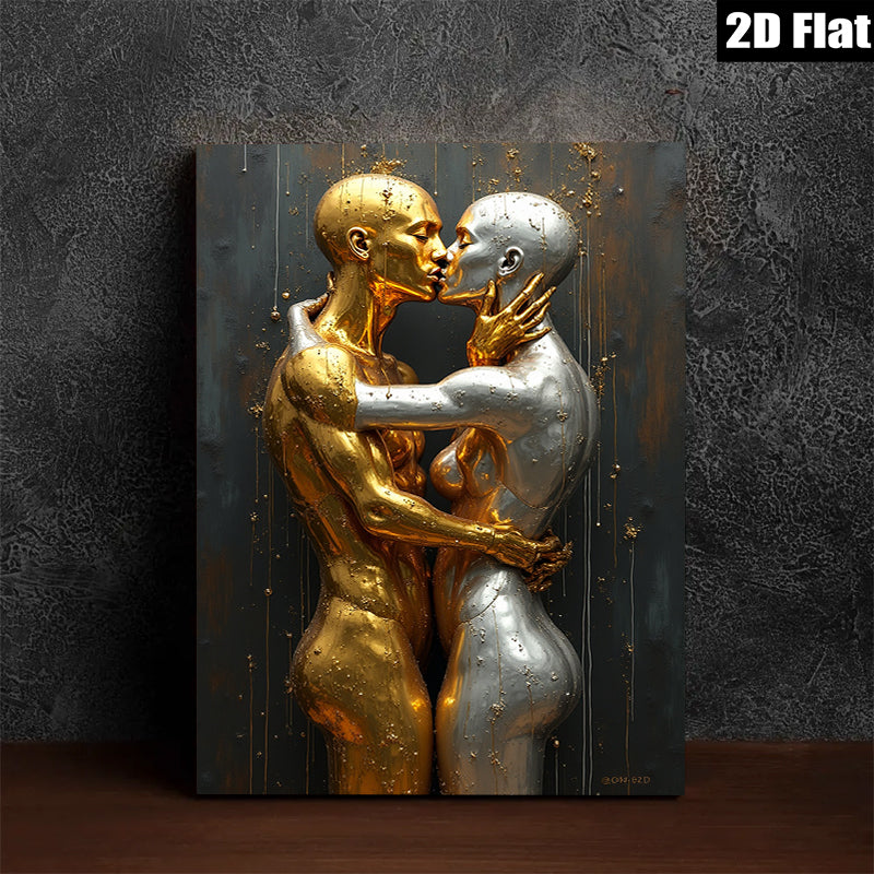 2D flat 1pc Golden Embrace Romantic Couple Wall Art Living Room Bedroom Modern Home Decor Canvas Prints Gallery Wrapped Ready To Hang