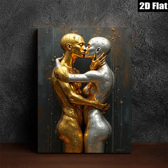 2D flat 1pc Golden Embrace Romantic Couple Wall Art Living Room Bedroom Modern Home Decor Canvas Prints Gallery Wrapped Ready To Hang