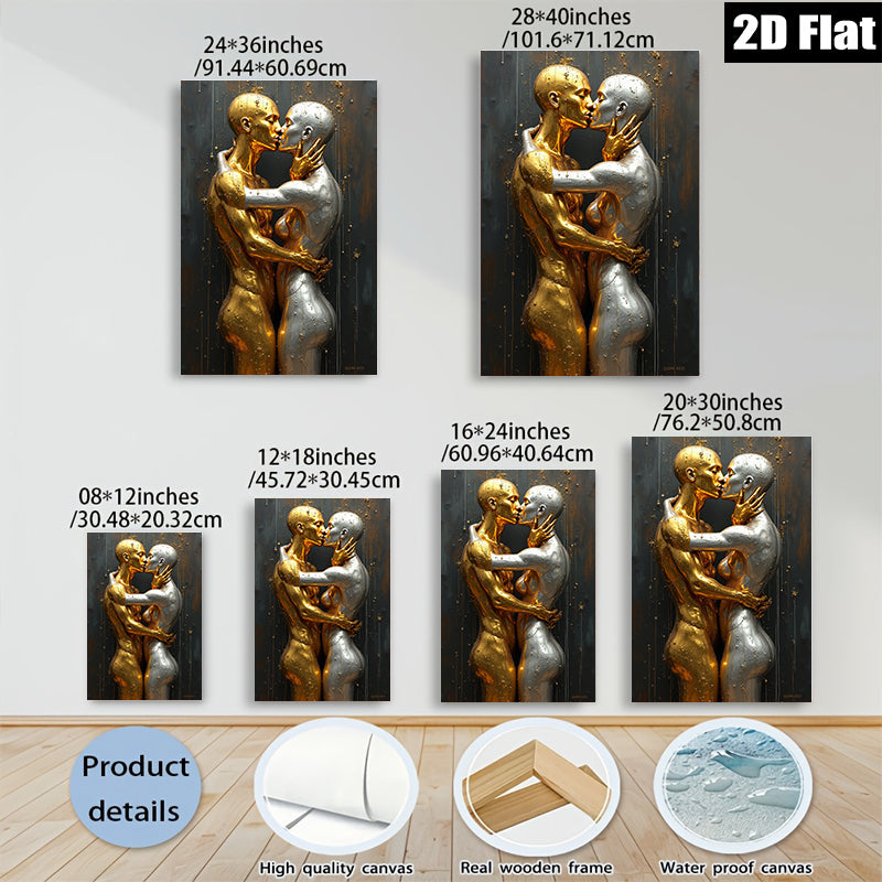 2D flat 1pc Golden Embrace Romantic Couple Wall Art Living Room Bedroom Modern Home Decor Canvas Prints Gallery Wrapped Ready To Hang