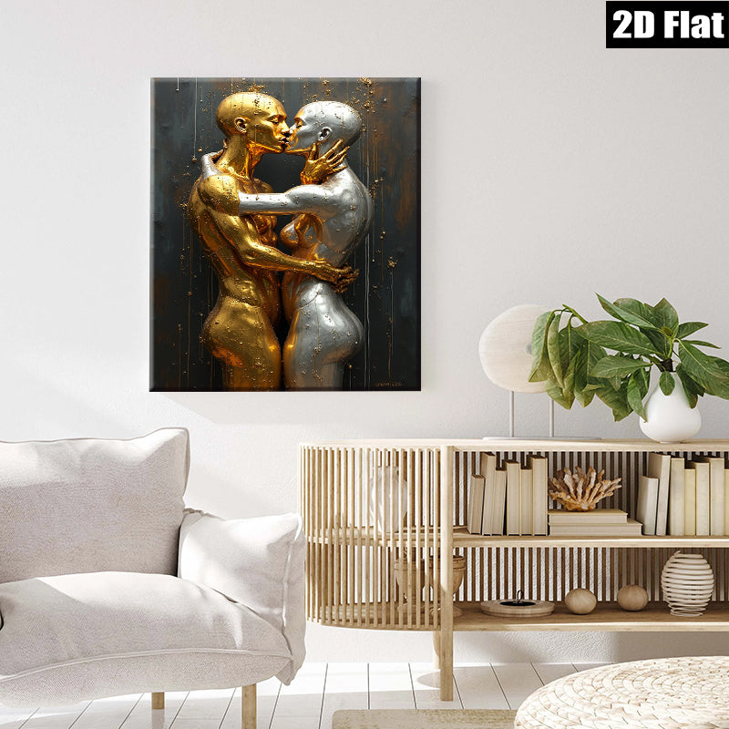 2D flat 1pc Golden Embrace Romantic Couple Wall Art Living Room Bedroom Modern Home Decor Canvas Prints Gallery Wrapped Ready To Hang