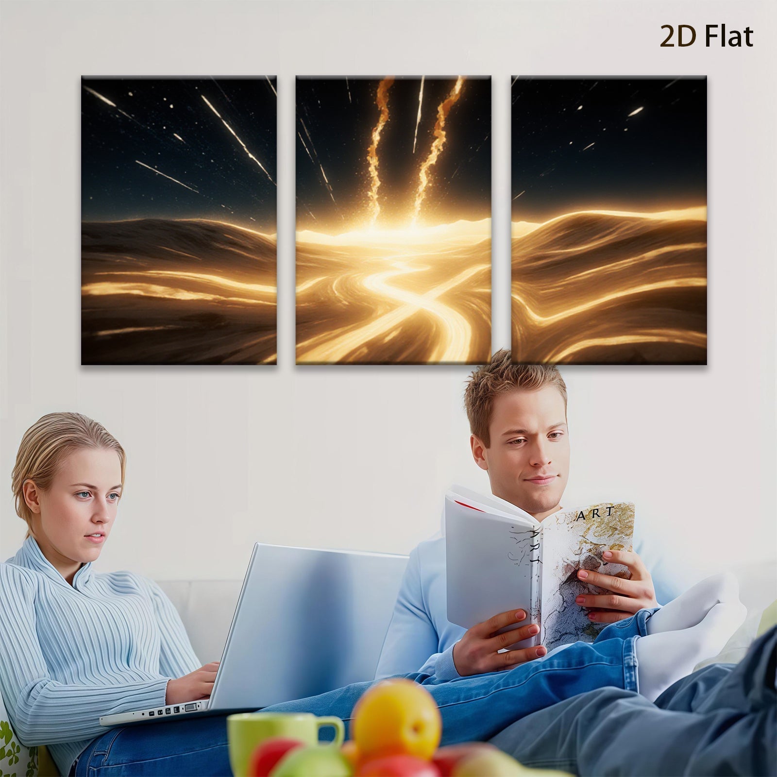 2D flat 1pc Golden Energy Burst Abstract Wall Art for Living Room Bedroom Modern Farmhouse Decor Gallery Wrapped Canvas Prints Ready to Hang Coastal Style
