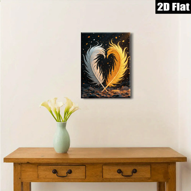 2D flat 1pc Golden Feather Pair Wall Art Decor Living Room Bedroom Modern Farmhouse Style Canvas Prints Wrapped Ready To Hang Gallery Wrapped Timeless Home Decoration