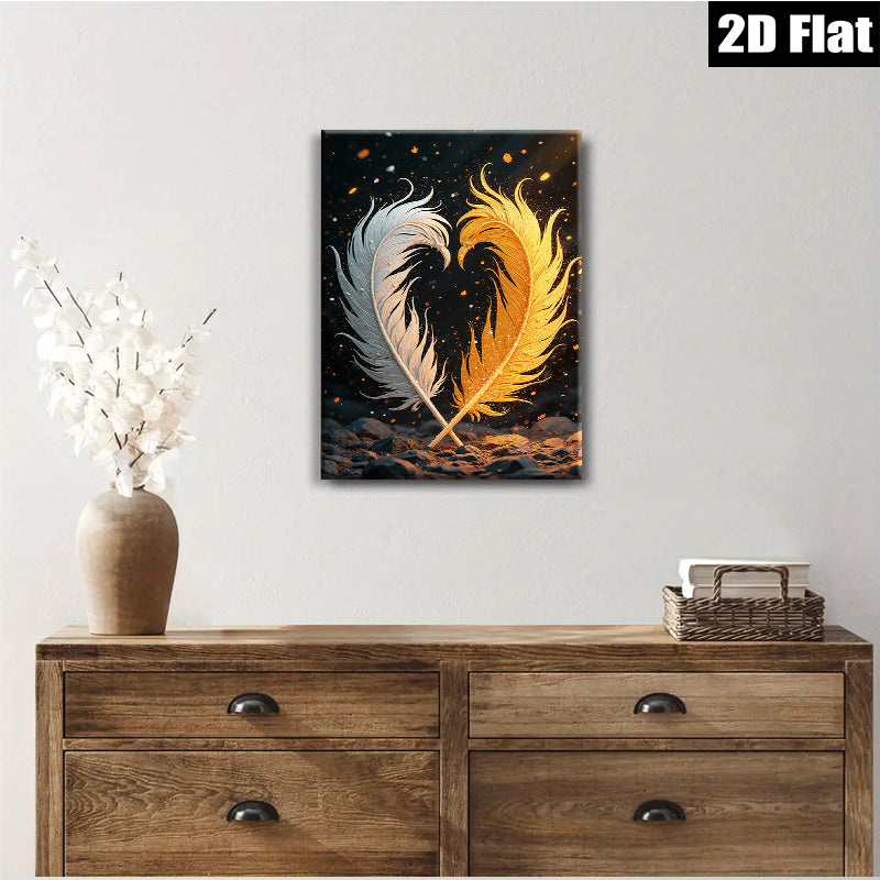 2D flat 1pc Golden Feather Pair Wall Art Decor Living Room Bedroom Modern Farmhouse Style Canvas Prints Wrapped Ready To Hang Gallery Wrapped Timeless Home Decoration
