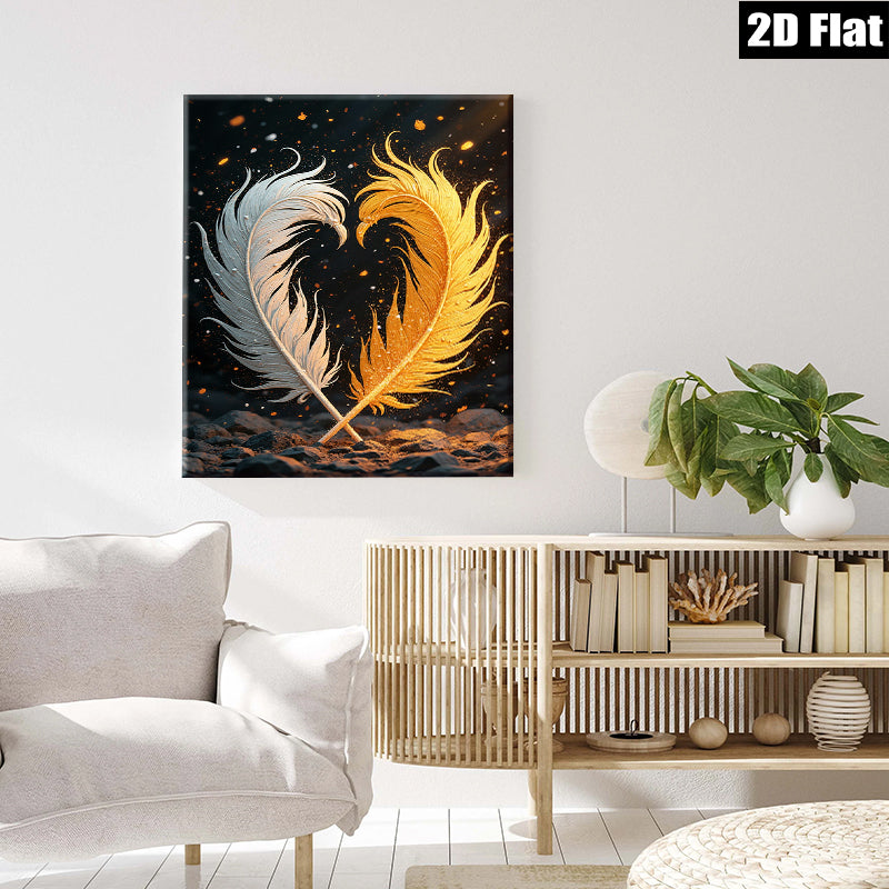 2D flat 1pc Golden Feather Pair Wall Art Decor Living Room Bedroom Modern Farmhouse Style Canvas Prints Wrapped Ready To Hang Gallery Wrapped Timeless Home Decoration