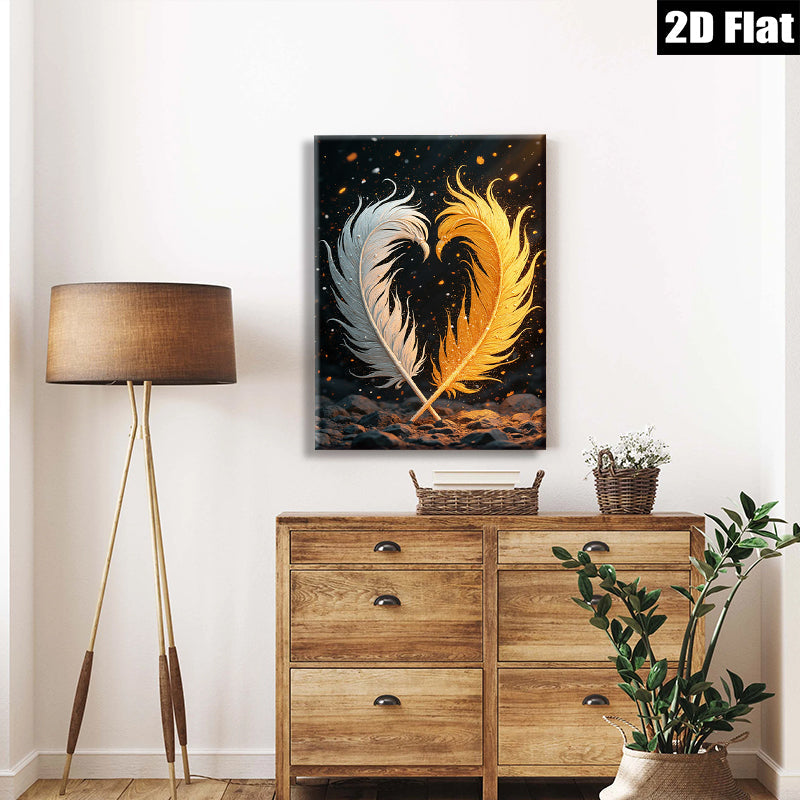 2D flat 1pc Golden Feather Pair Wall Art Decor Living Room Bedroom Modern Farmhouse Style Canvas Prints Wrapped Ready To Hang Gallery Wrapped Timeless Home Decoration