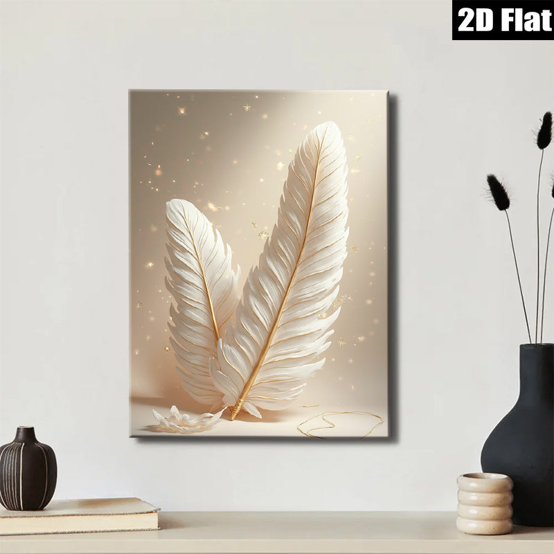 2D flat 1pc Golden Feather Wall Art Modern Minimalist Decor Living Room Bedroom Canvas Prints Gallery Wrapped Ready to Hang Farmhouse Style
