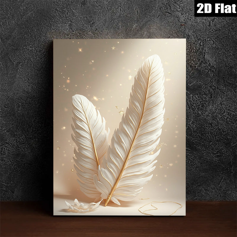 2D flat 1pc Golden Feather Wall Art Modern Minimalist Decor Living Room Bedroom Canvas Prints Gallery Wrapped Ready to Hang Farmhouse Style