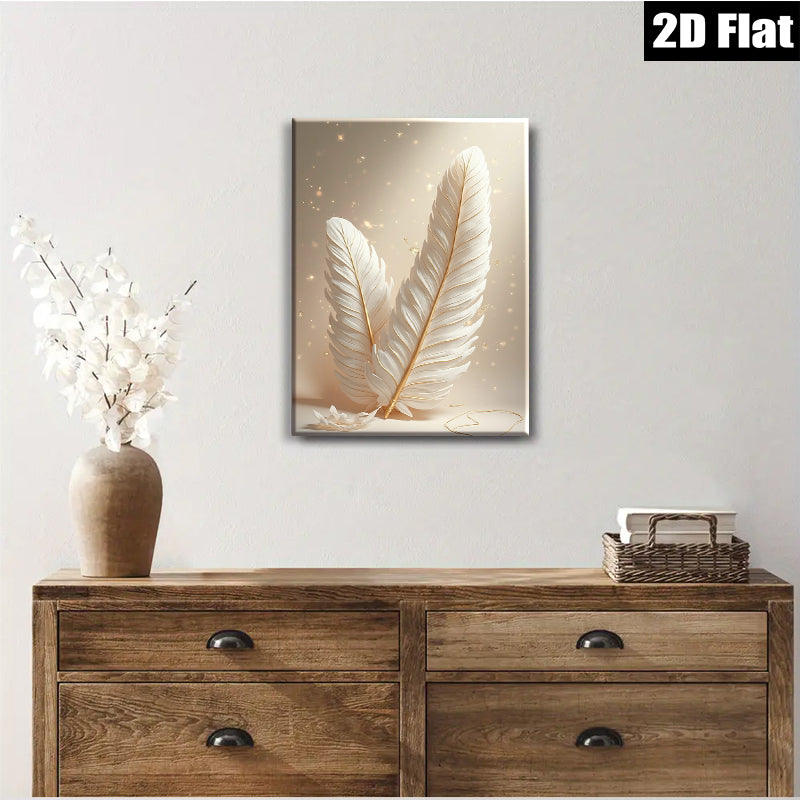2D flat 1pc Golden Feather Wall Art Modern Minimalist Decor Living Room Bedroom Canvas Prints Gallery Wrapped Ready to Hang Farmhouse Style