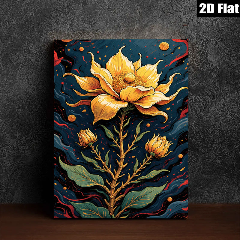 2D flat 1pc Golden Floral Bloom Botanical Wall Art Living Room Bedroom Decor Modern Farmhouse Style Gallery Wrapped Canvas Prints Ready to Hang