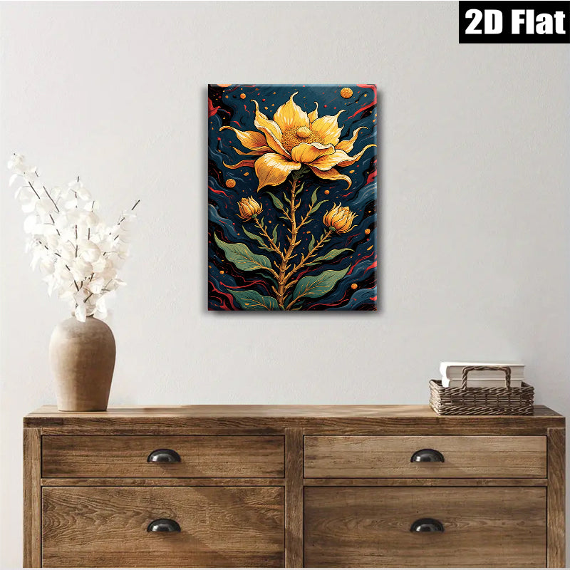 2D flat 1pc Golden Floral Bloom Botanical Wall Art Living Room Bedroom Decor Modern Farmhouse Style Gallery Wrapped Canvas Prints Ready to Hang