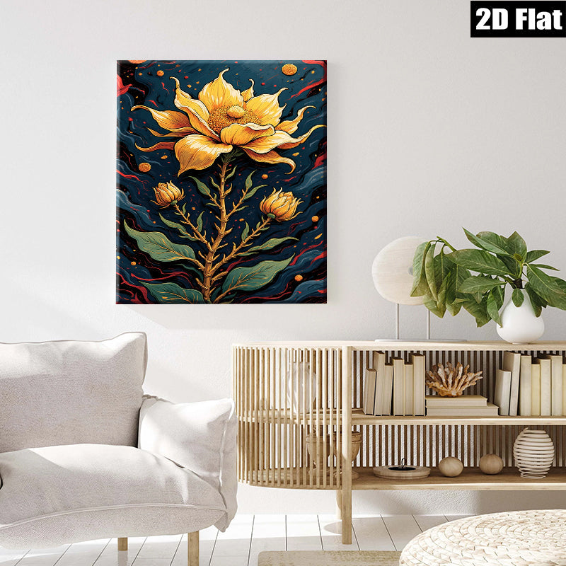 2D flat 1pc Golden Floral Bloom Botanical Wall Art Living Room Bedroom Decor Modern Farmhouse Style Gallery Wrapped Canvas Prints Ready to Hang