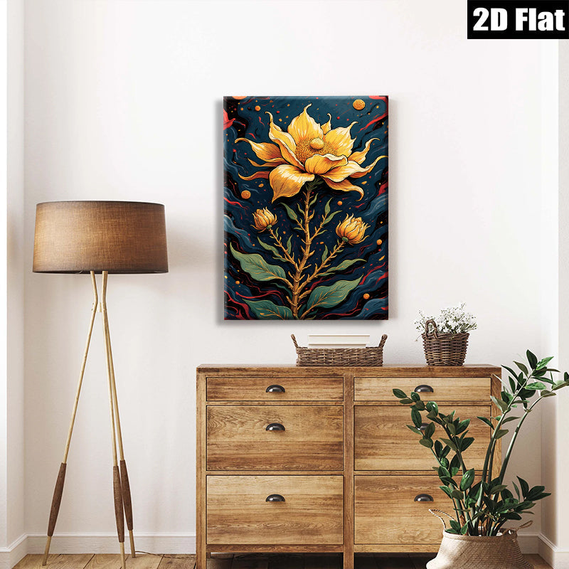 2D flat 1pc Golden Floral Bloom Botanical Wall Art Living Room Bedroom Decor Modern Farmhouse Style Gallery Wrapped Canvas Prints Ready to Hang