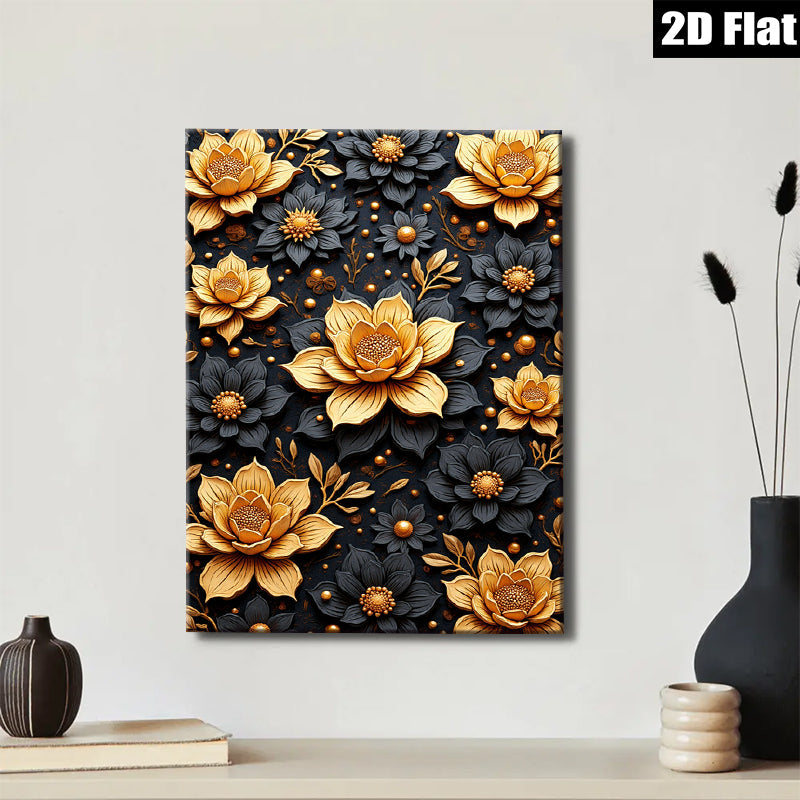 2D flat 1pc Golden Floral Bloom Wall Art Decor Living Room Bedroom Modern Farmhouse Gallery Wrapped Canvas Prints Ready to Hang