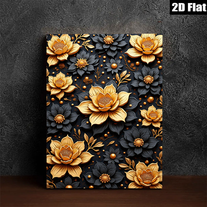 2D flat 1pc Golden Floral Bloom Wall Art Decor Living Room Bedroom Modern Farmhouse Gallery Wrapped Canvas Prints Ready to Hang