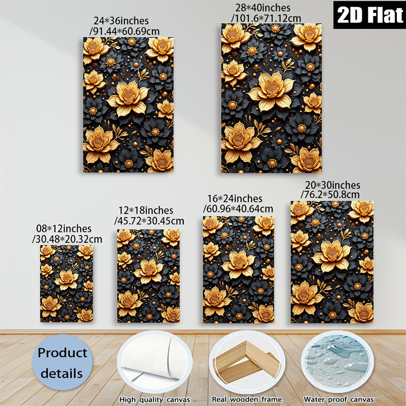 2D flat 1pc Golden Floral Bloom Wall Art Decor Living Room Bedroom Modern Farmhouse Gallery Wrapped Canvas Prints Ready to Hang