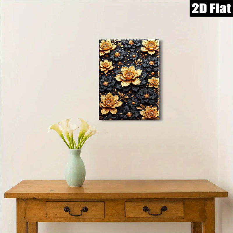 2D flat 1pc Golden Floral Bloom Wall Art Decor Living Room Bedroom Modern Farmhouse Gallery Wrapped Canvas Prints Ready to Hang