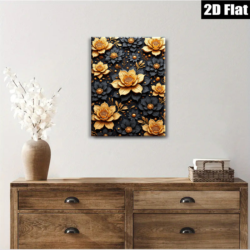 2D flat 1pc Golden Floral Bloom Wall Art Decor Living Room Bedroom Modern Farmhouse Gallery Wrapped Canvas Prints Ready to Hang