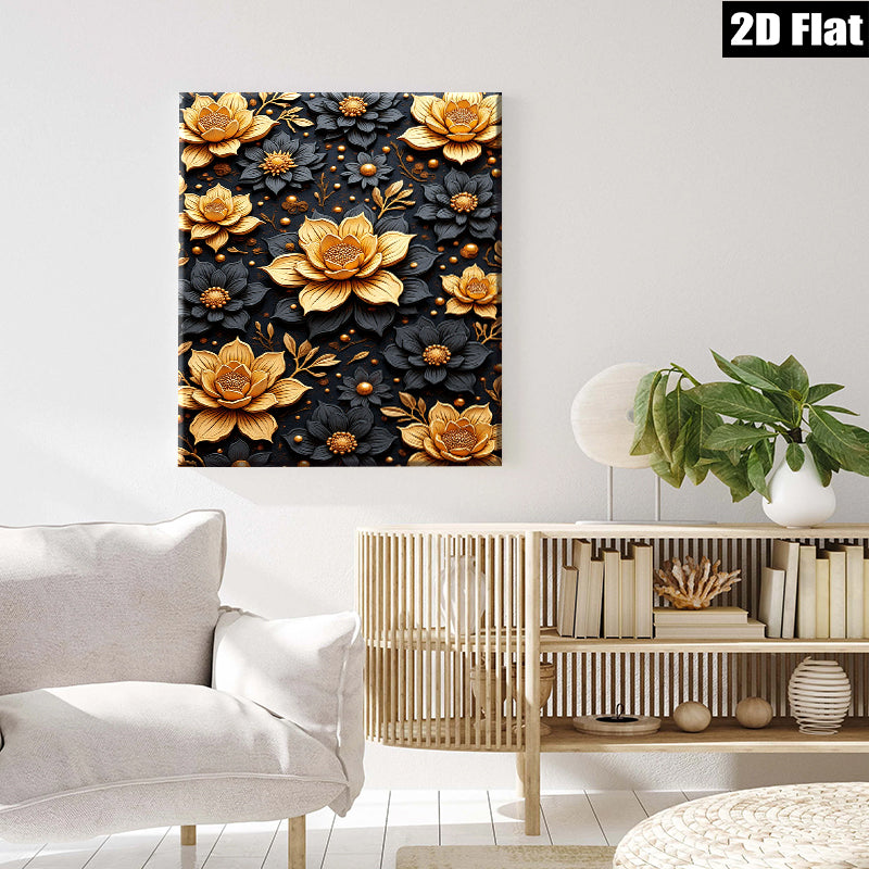 2D flat 1pc Golden Floral Bloom Wall Art Decor Living Room Bedroom Modern Farmhouse Gallery Wrapped Canvas Prints Ready to Hang