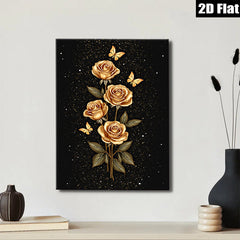 2D flat 1pc Golden Floral Bloom with Butterflies Wall Art Decor for Living Room Bedroom Modern Farmhouse Gallery Wrapped Canvas Prints Teal Blue